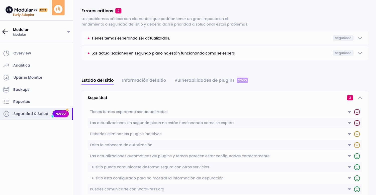 Errores críticos e información del sitio Modular