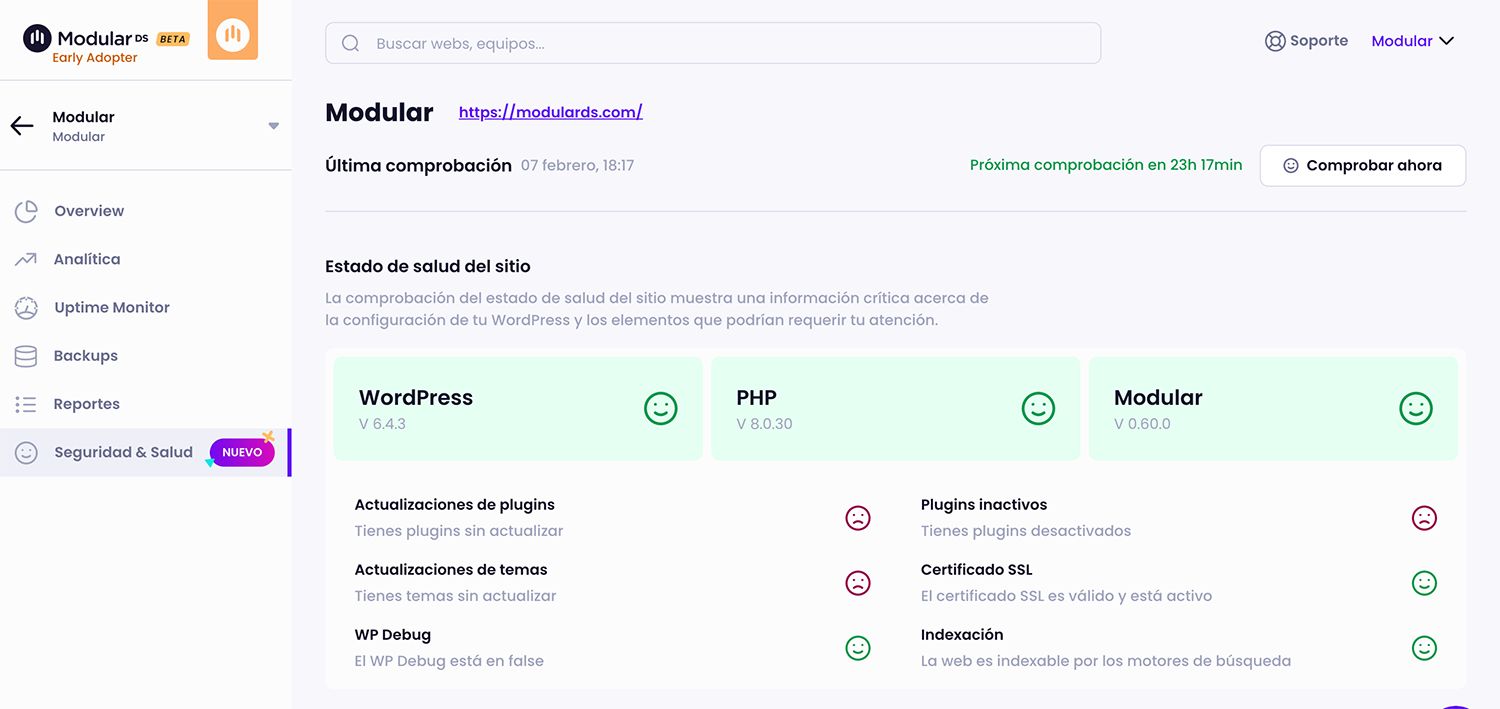Estado de salud del sitio Modular