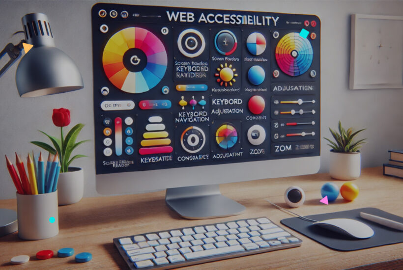 A computer monitor on a desk displays a colorful web accessibility tools panel. The panel includes options for contrast, keyboard navigation, and color adjustments.