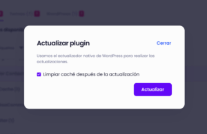 Ventana de actualización de plugin en Modular DS con la opción activada para limpiar caché automáticamente después de la actualización.