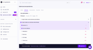 Vista de la interfaz de Modular DS mostrando la optimización masiva de revisiones de entradas en varias webs de WordPress.
