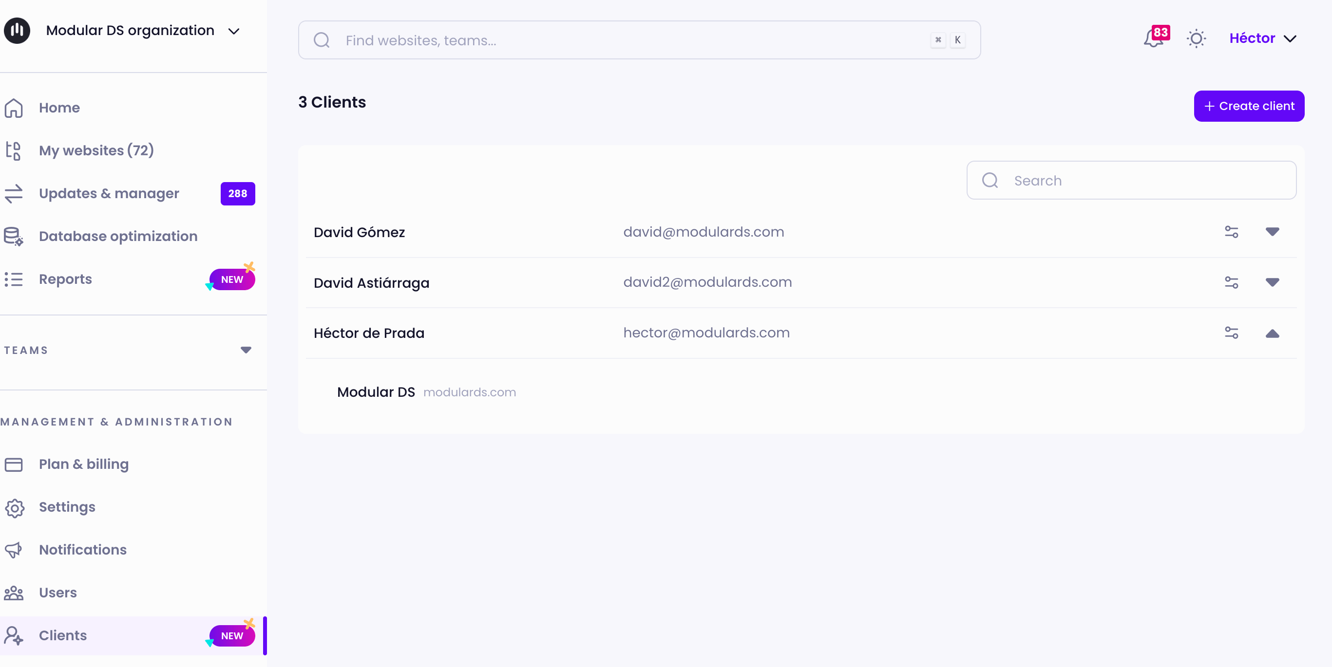 Screenshot of the client management section in Modular DS, displaying a list of clients with their email addresses and the option to create a new client.
