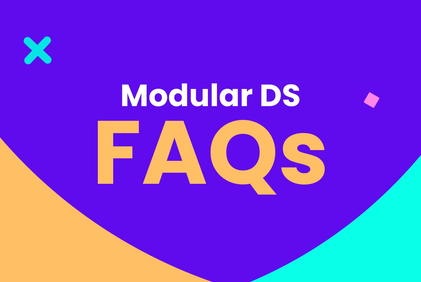 Modular DS FAQs (Frequently Asked Questions) decorative image with a colorful purple background and playful geometric shapes.
