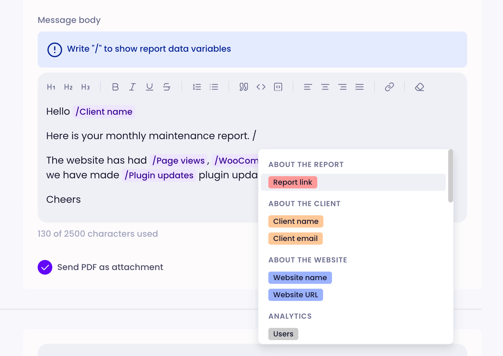 Screenshot of the text editor for client reports in Modular DS, with dynamic fields for client and website data being inserted into the message body.