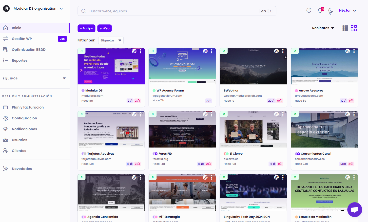 Captura de pantalla del dashboard de Modular DS