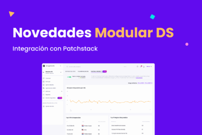 Imagen decorativa con el texto “Novedades en Modular DS – Integración con Patchstack” sobre fondo morado y una captura de pantalla del nuevo add-on Patch & Protect.