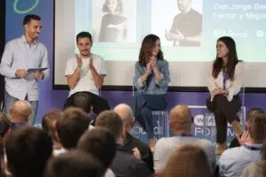 Branding and strategy panel at WP Agency Forum 2025 in Madrid, featuring Marta Factor, Bego Romero, and Jorge García, moderated by Miguel Sanz, discussing brand positioning as a key to long-term success.