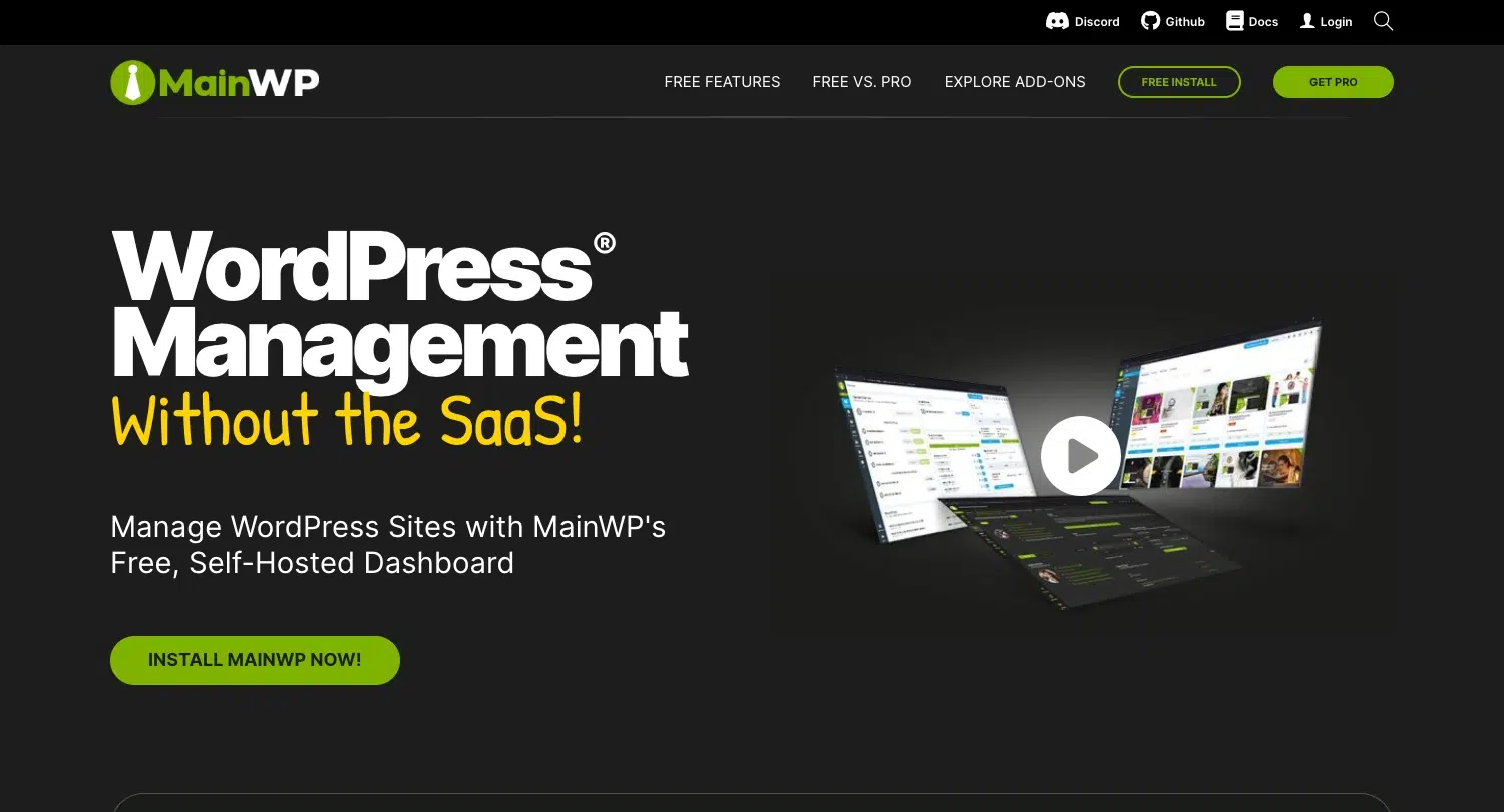Screenshot of MainWP homepage with headline “WordPress Management without the SaaS!"