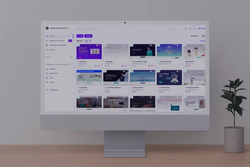 Mockup of a desktop monitor displaying the Modular DS dashboard, showing a centralized view of multiple WordPress websites for updates, monitoring, and management.