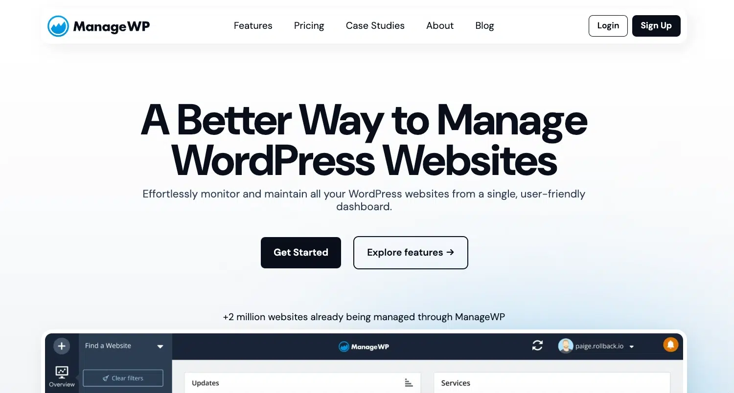 Screenshot of ManageWP homepage with headline “A Better Way to Manage WordPress websites."