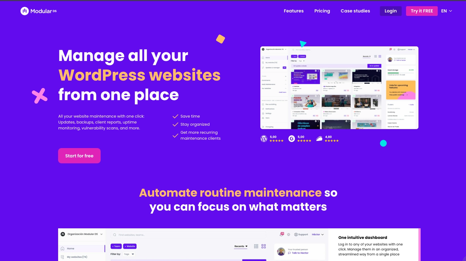 Screenshot of Modular DS homepage showing a dashboard preview and the headline "Manage all your WordPress websites from one place," highlighting features such as updates, backups, reports, uptime monitoring, and vulnerability scans.