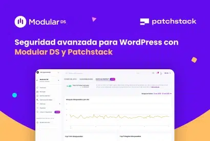 Imagen con los logos de Modular DS y Patchstack y el título “Seguridad avanzada para WordPress con Modular DS y Patchstack”, sobre una captura del add-on de Patch & Protect en Modular DS.