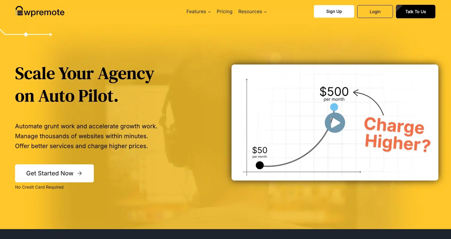 Screenshot of WP Remote homepage with headline “Scale your Agency on Auto Pilot."